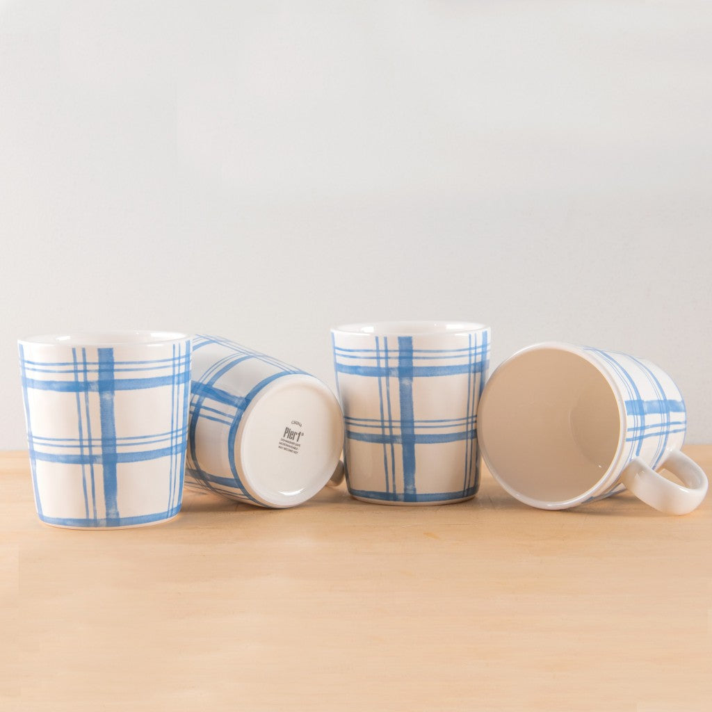 Pier 1 Country Blue Plaid Set of 4 Mugs